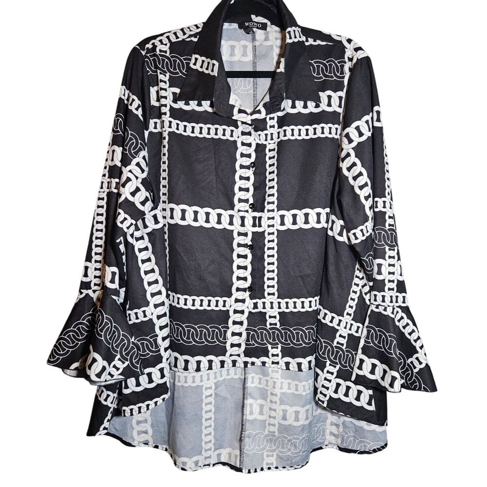 WoWo Chain Print Black & White Button-Up Shirt Flared Sleeves Womens 3X